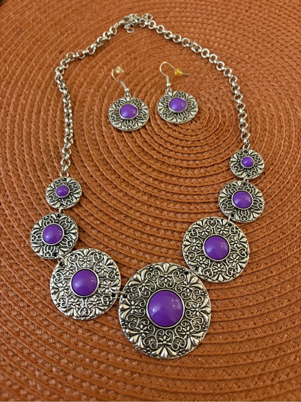 Handcrafted Silver-Tone Necklace & Earring Set with Purple Cabochons